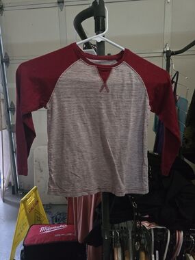 Kids Korner, Long Sleeve Raglan Tee in Burgundy and White Stripes, 5-6.
